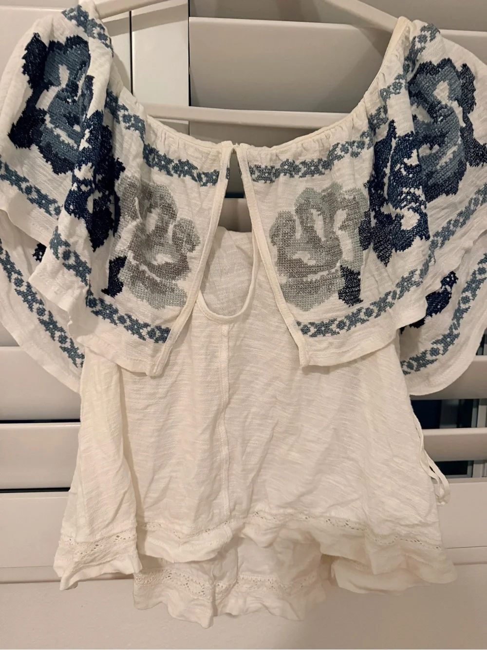 Free People White Off-Shoulder Blouse with Blue Floral Embroidery SMALL